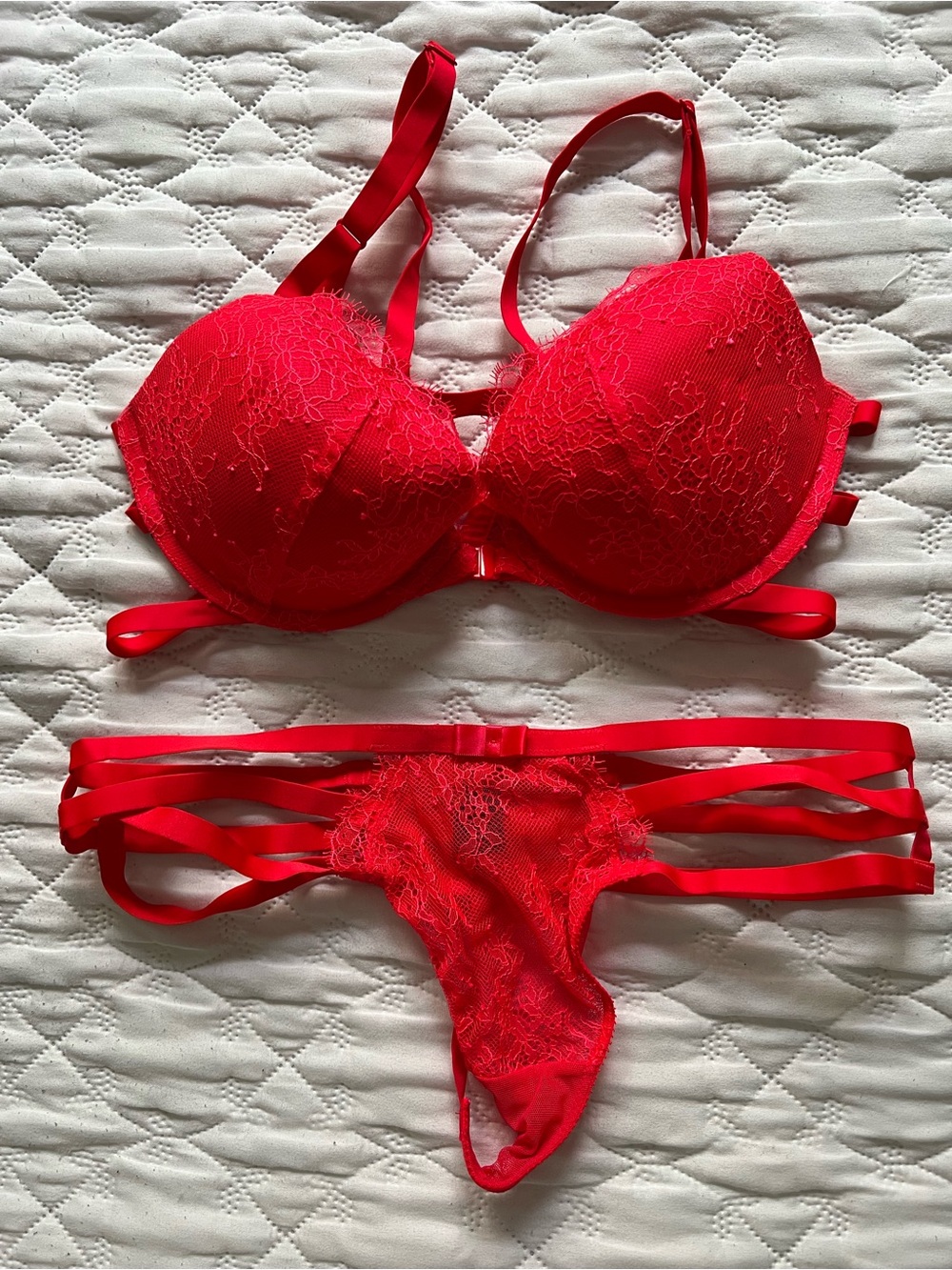 Victoria's Secret Red Lace Push-Up Bra & Strappy Thong Set